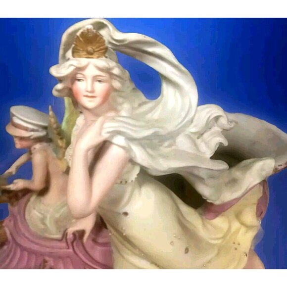 Antique  c1900 Cherub Angel Chauffeur Driving Woman Goddess Vintage Car Figurine - Picture 3 of 16